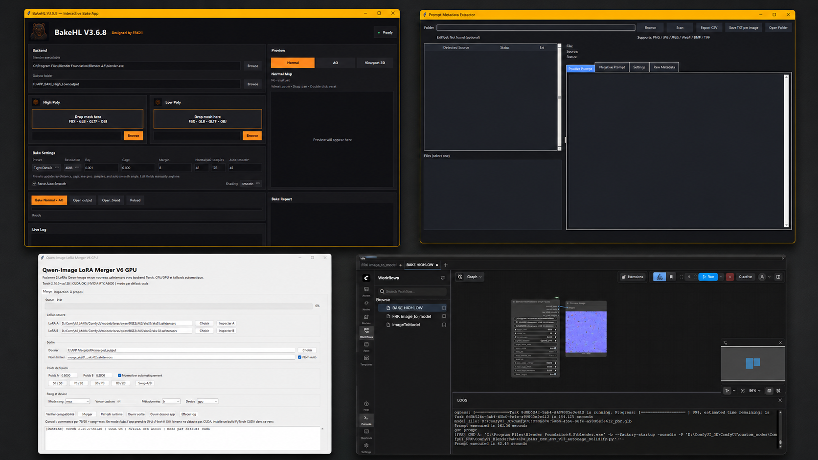 Applications personnelles pour baking, extraction de prompts, merge LoRA et automatisation ComfyUI